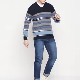 duke Men Striped V Neck Blue Sweater image 5