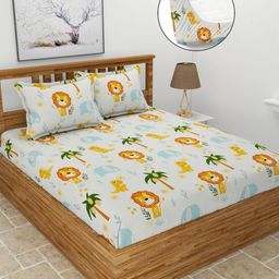 MORADO Cream-Coloured Graphic Cotton 210 TC Fitted Queen Bedsheet Set-1.82 m x 1.98 m-picture-12