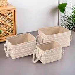 homestic Cotton (Set of 3) Cosmetic & Skincare Dressing Table Organizer | GM-11-BG | Beige Storage Basket-picture-25