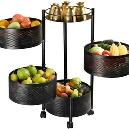 4 Layer Round Kitchen Trolley Storage organizer with rotating wheel vegetable Iron Kitchen Trolley-image-2