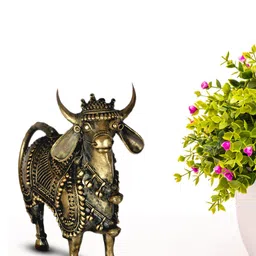 SHREE KALA HOME DECOR Gold-Toned Brass Antique Standing Nandi-picture-19