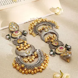 Rubans Oxidised Silver & Gold-Plated Long Chandbali with Kundan, Ruby,Emerald & Gold Beads image 4