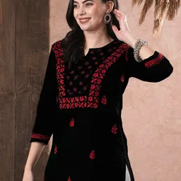 ADA Women Sustainable Plus Size Black & Red Chikankari Hand Embroidered Straight Kurti image 3