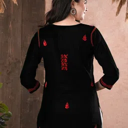 ADA Women Sustainable Plus Size Black & Red Chikankari Hand Embroidered Straight Kurti image 4