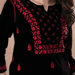 ADA Women Sustainable Plus Size Black & Red Chikankari Hand Embroidered Straight Kurti image 2