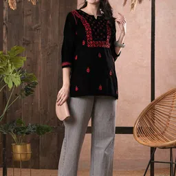 ADA Women Sustainable Plus Size Black & Red Chikankari Hand Embroidered Straight Kurti image 5