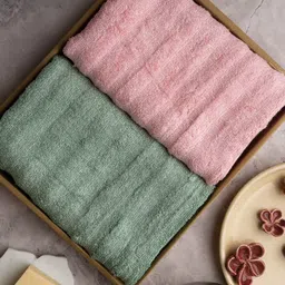 MUSH Set Of 2 Pink & Green Solid 300 GSM Ultra Soft & Eco Friendly Bamboo Hand Towel image 1