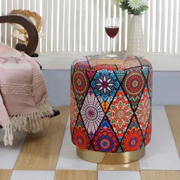 Shadowkart Orange & Blue Ethnic Motifs Printed Wooden & Velvet Pedestal Stool Ottoman-image-12