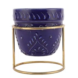 MIAH Decor Blue Ceramic Textured Planter With Stand image 4