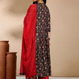 Anouk Navy Blue Floral Printed V-Neck Anarkali Kurta with Palazzos & Dupatta image 4