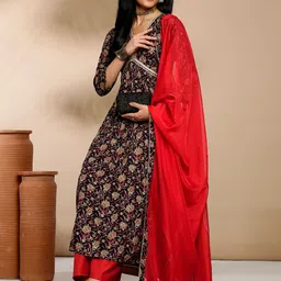 Anouk Navy Blue Floral Printed V-Neck Anarkali Kurta with Palazzos & Dupatta image 5