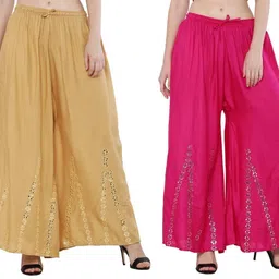 sifybro Pack of 2 Women Loose Fit Beige, Pink Viscose Rayon Trousers-picture-29