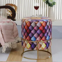 Shadowkart Blue & Red Checked Round Wooden Ottoman image 1