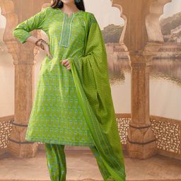 Vishudh Floral Printed Regular Pure Cotton Kurta with Churidar & With Dupatta-picture-14