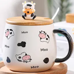 BonZeaL White Hand Printed Ceramic Glossy Coffee Mug With Lid & Spoon 480 ml image 2