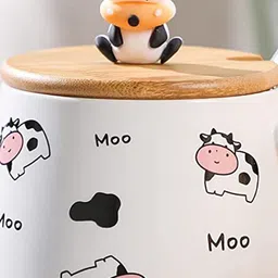 BonZeaL White Hand Printed Ceramic Glossy Coffee Mug With Lid & Spoon 480 ml image 3