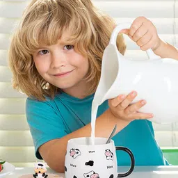 BonZeaL White Hand Printed Ceramic Glossy Coffee Mug With Lid & Spoon 480 ml image 5