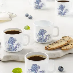 Larah by BOROSIL Blue & White 6 Pieces Floral Printed Opalware Matte Coffee Mugs 100 ml-picture-21