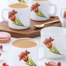 Larah by BOROSIL Red & White 6 Pieces Floral Printed Opalware Matte Coffee Mugs 180 ml-picture-17