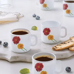 Larah by BOROSIL Red & White 6 Pieces Floral Printed Opalware Matte Mugs 100 ML Each-picture-18