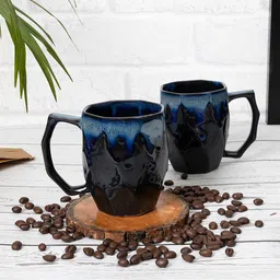 Homesake Black & Blue 2 Pieces Textured Ceramic Glossy Mugs - 260 ml Each-image-32
