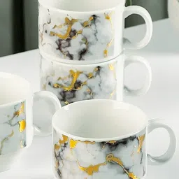 BonZeaL White & Grey 4 Pcs Printed Ceramic Glossy Mugs With Metal Holder Stand 150 ml each image 1