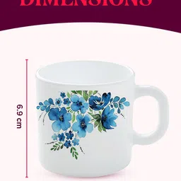 Larah by BOROSIL Blue & White 6-Pieces Floral Printed Opalware Matte Mugs 180 ml image 3