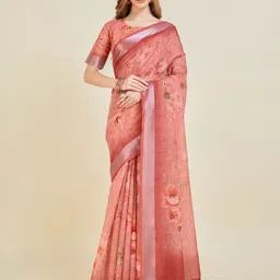 Mitera Orange & Silver toned Floral Saree-image-32