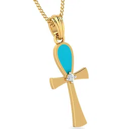 KUBERBOX 18KT Gold Diamond Studded Turquoise Cross Pendant-1.32g image 2