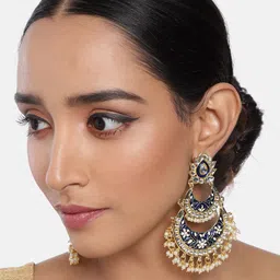 I Jewels Gold-Plated & Blue Enamelled Crescent Shaped Chandbalis image 1