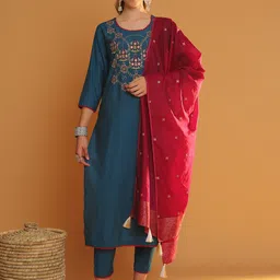 Tulsattva Floral Embroidered V-Neck Regular Chanderi Cotton Kurta & Trouser & Dupatta image 1