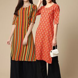7threads KALINI Women Set Of 2 Orange & Peach-Coloured Printed Crepe Kurta-picture-22
