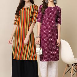 7threads KALINI Women Pack of 2 Orange & Maroon Ethnic Motifs Printed Crepe Kurta-picture-25