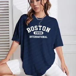 being wanted Women Printed Round Neck Pure Cotton Dark Blue T-Shirt image 1