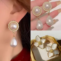akison jewels Korean Earrings Combo For Women Girls Flower Pearl Earrings Stylish Trending Pearl Alloy Earring Set, Stud Earring, Drops & Danglers-picture-11