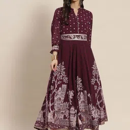 Juniper Maroon & White Ethnic Motifs Printed Georgette A-Line Maxi Dress-picture-14