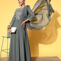 Kvsfab Grey Floral Embroidered Georgette Draped Gown image 3