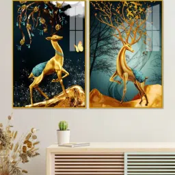 vibecrafts Abstract Luxury Golden Deer Acrylic Art Framed Art Panel (Set Of 2)-picture-24