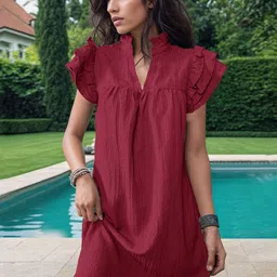 StyleCast Maroon Mandarin Collar A-Line Dress-image-89