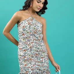 Tokyo Talkies Yellow & White Floral Printed Halter Neck Mini Sheath Dress-picture-17