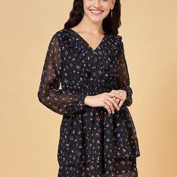 People Black Floral Printed Smocked Puff Sleeves Layered Ruffled A-Line Dress-picture-37