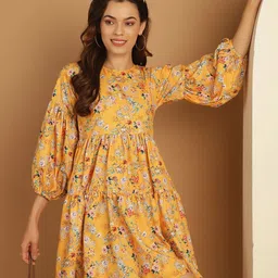 Indian Needle Floral Printed Puff Sleeves Gathered or Pleated A-Line Dress-picture-30