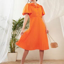 SASSAFRAS Frill Neck Accordion Pleated Flared Sleeve Georgette A-Line Midi Dress image 1