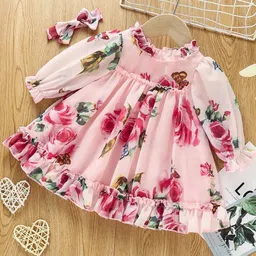 BAESD Girls Floral Print Puff Sleeves Ruffled Georgette Fit & Flare Dress-picture-25