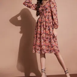 DressBerry Floral Printed Chiffon Puff Sleeves A-Line Dress-image-36