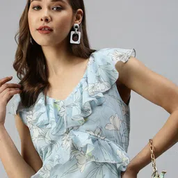 SHOWOFF Blue Floral Chiffon A-Line Dress-picture-0