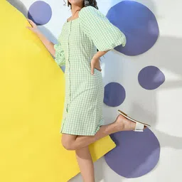 fuchsia PRETTY LOVING THING Women Square Neck Puff Sleeves Checked A-Line Dress image 1