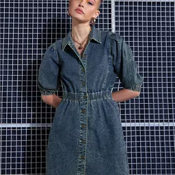 SASSAFRAS Green Washed Denim A-Line Shirt Dress-picture-29