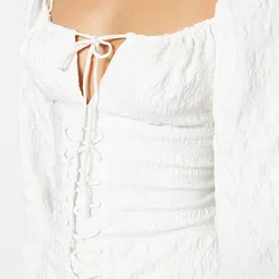 Trendyol Self Design Tie-Up Neck Puff Sleeves Tiered Detail A-Line Mini Dress image 3