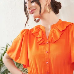 SASSAFRAS Frill Neck Accordion Pleated Flared Sleeve Georgette A-Line Midi Dress image 2